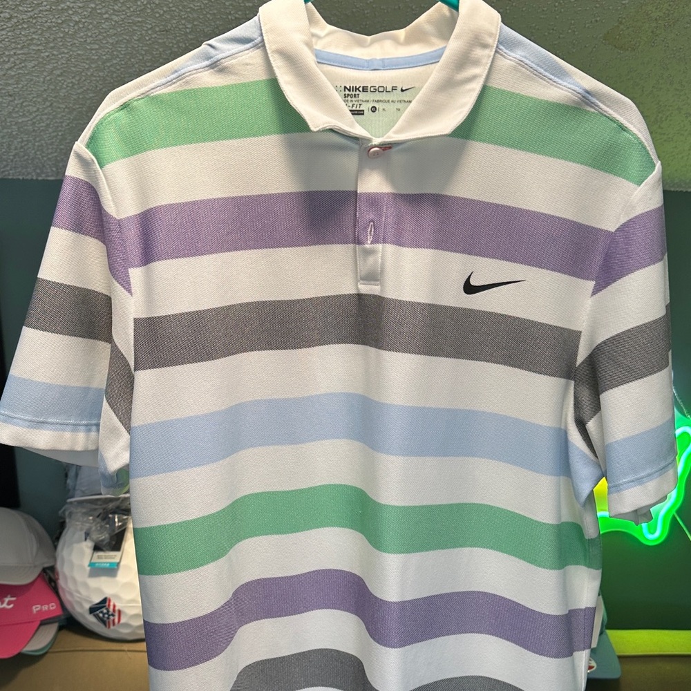 Nike Men's Polo Shirt - Green, Purple, Gray, White Stripes XL slim fit - Picture 2 of 3